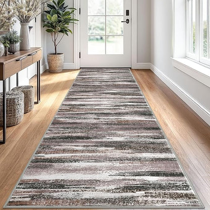 Modern Abstract Runner Rug 2.6x10, Dark Light Brown White Washable Long Kitchen Runner Non-Slip Soft Hallway Rug Runner Thin Print Faux Wool Carpet for Entryway Bedroom Laundry Room Indoor