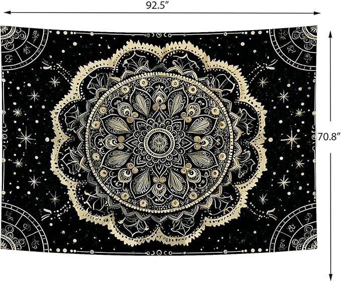 Delur Black and Gold Mandala Tapestry Astrology Space Hippie Bohemian Floral Medallion Tapestry Wall Hanging Aesthetic Indian Psychedelic Headboard for Bedroom Living Room Home Decor (70.8" x 92.5")