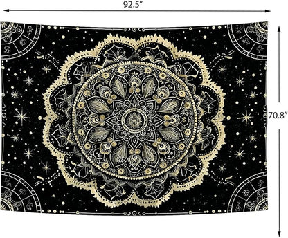 Delur Black and Gold Mandala Tapestry Astrology Space Hippie Bohemian Floral Medallion Tapestry Wall Hanging Aesthetic Indian Psychedelic Headboard for Bedroom Living Room Home Decor (70.8" x 92.5")