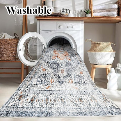 Area Rug 6x9 Washable Rug Gray Vintage Traditional Floor Cover Thin Retro Kitchen Indoor Distressed Non Slip Carpet Floral Print Mat Living Room Bedroom Dining Room