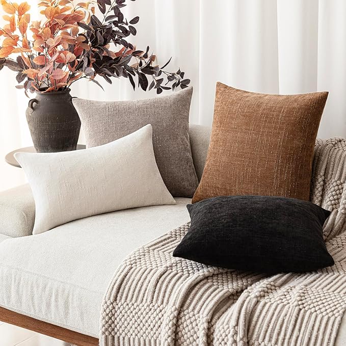 Foindtower Set of 2 Soft Textured Chenille Throw Decorative Pillow Covers Square Accent Solid Cushion Cover Cozy Neutral Farmhouse Pillow Case for Couch Sofa Bedroom Living Room 24x24 Inch,Light Taupe