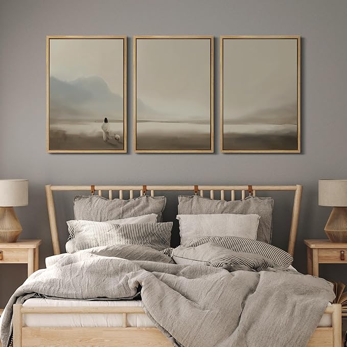 MUDECOR Framed Wall Art Print Set Serene Coastal Landscape Minimalist Illustrations Modern Art Boho Decorative Colorful Chic for Living Room, Bedroom, Office - 16"x24"x3 Natural