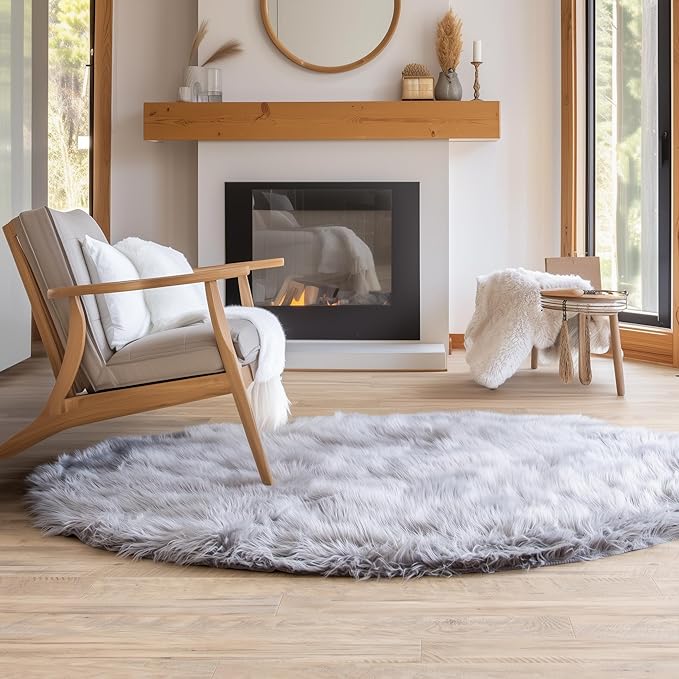 3 ft Round Fluffy Gray Rug – Plush Faux Fur Rug for Bedroom, Living Room, or Nursery – Cozy Faux Sheepskin Home Decor