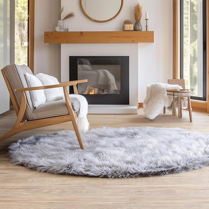 5 ft Round Fluffy Gray Rug – Plush Faux Fur Rug for Bedroom, Living Room, or Nursery – Cozy Faux Sheepskin Home Decor