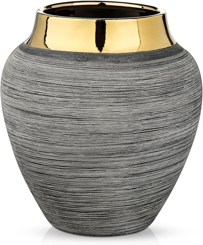 Rustic Ceramic Vase with Gold Rim – 9.4" Decorative Flower Vases for Living Room, Dining Table Centerpiece & Shelf Décor – Modern Farmhouse, Boho & Contemporary Home Accents