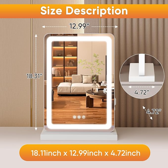DUMOS 17"x13" LED Vanity Mirror with Lights, Dimmable 3 Color Modes Makeup Mirror with Memory Function, USB Charging, Aluminum Frame, Lighted Mirror for Desk or Bedroom