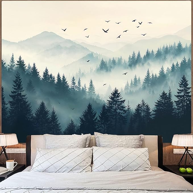 Haibimen Forest Mountain Tapestry Wall Hanging Green Pine Tree Bird Nature Forest Tapestrise for Bedroom Morning Mist Aesthetics Wall Decor for Living Room Dorm (forest-2, 48''×36'')