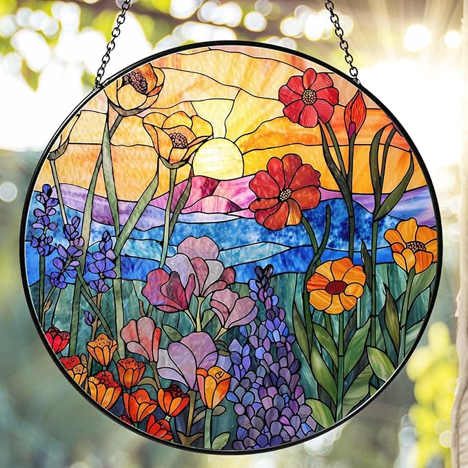 Wildflowers Stained Glass Suncatcher Hanging Window Decor, Colorful Sun Catcher for Indoor Window, Unique Gift for Women Mom Birthday Christmas Home Decoration, 7.87in