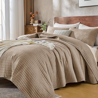 DOWN HOME Twin Quilt Bedding Set with Sham, Vintage Washed Soft Quilted Blanket Thin Comforter Lightweight Bedspread Coverlet Bed Cover, Brushed Microfiber Stripe Stitching, Brown, 66"x92"