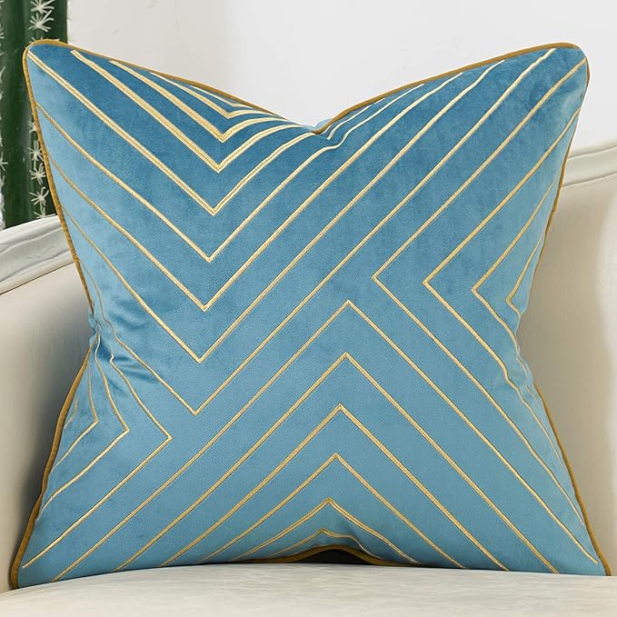 Avigers 20 x 20 Inch Grey Blue Gold Striped Geometric Lines Embroidery Velvet Cushion Case Luxury Modern Throw Pillow Cover Decorative Pillow for Couch Living Room Bedroom Car 50 x 50cm