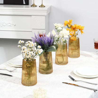 Amber Glass Vases Set of 4, Small Vases for Flowers, Flower Vase for Bouquet, Modern Ribbed Glass Vase for Living Room, Bedroom, Dining Table, Office, Wedding, Centerpieces
