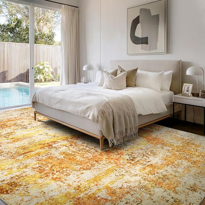 Washable Area Rugs for Living Room - 10x14 Abstract Modern Rug Neutral Soft Rug Stain Resistant Non-Shedding No Slip Low Pile Large Carpet for Bedroom Dining Room Nursery Home Office - Orange/Gold