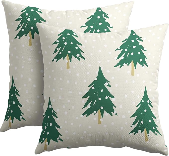 Christmas Tree Pillow Covers 22x22 Set of 2 Green Beige Xmas Snow Pattern Rustic Decorative Outdoor Farmhouse Zipper Pillowcases Decorations Winter Holiday Throw Cushion Cover Decor for Couch Sofa Bed