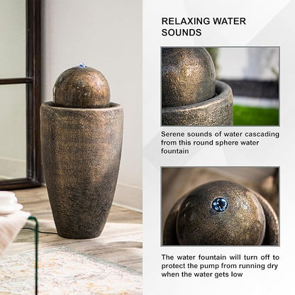 XBrand 26" Modern Sphere Water Fountain with LED Light – Indoor Outdoor Stone Texture Floor Fountain, Zen Bubbling Ball Water Feature for Garden Patio Porch - Bronze