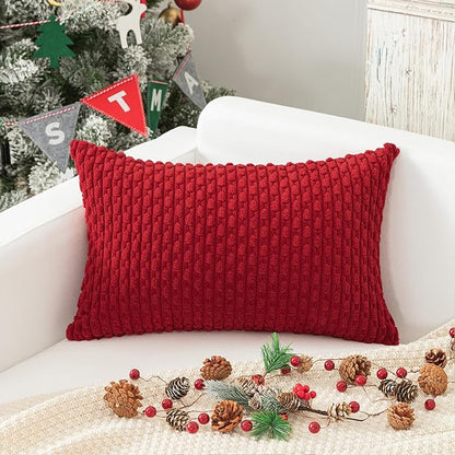 Kevin Textile 12x20 Inch Pillow Cover 1 Pack Boho Christmas Decorative Soft Striped Corduroy Lumbar Farmhouse Color Accent Rectangle Cushion Case for Living Room Couch Sofa Bed, Red