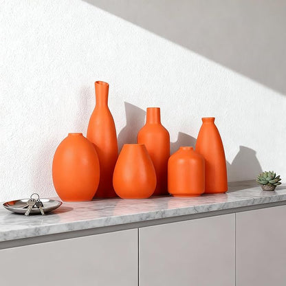 Orange Ceramic Bud Vases Set of 6, Modern Boho Home Décor for Living Room, Shelf, Mantle & Fireplace, 3.7″–7.6″ Matte Minimalist Vases for Kitchen, Bathroom, Office, Small Flower Vases, Gift Ready