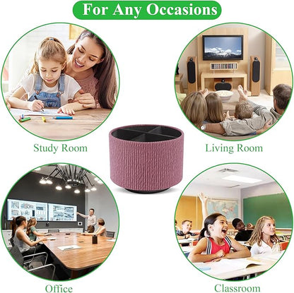 Round Leather Art Supply Organizer,Remote Control Holder,360 Degree Spinning,Multi-Functional Pencil Holder,4 Compartments Desktop Stationary Organizer(1-Wood Pink)
