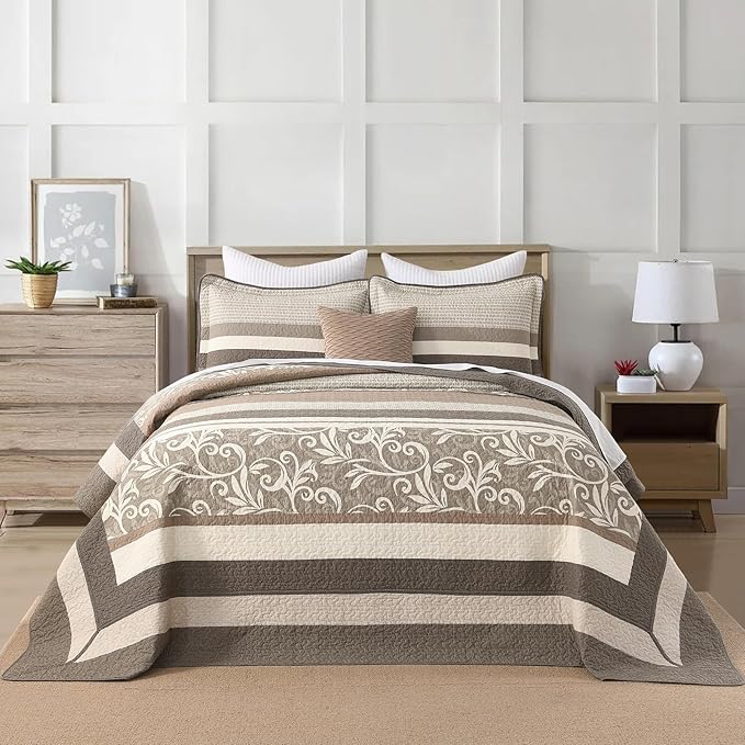 Lightweight King Bedspreads 128x120, 100% Cotton Oversized Quilt, Striped Botanical Pattern Coverlet, Reversible Farmhouse Quilted Bedding Set 3 Piece, Brown/Beige