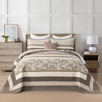 Lightweight King Bedspreads 120x120, 100% Cotton Oversized Quilt, Striped Botanical Pattern Coverlet, Reversible Farmhouse Quilted Bedding Set 3 Piece, Brown/Beige