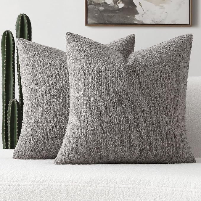FUTEI Pack of 2 Light Grey Decorative Throw Pillow Covers 22x22 Inch Soft Cozy Solid Boucle Textured Cushion Case,Modern Home Decor for Couch Bed Living Room