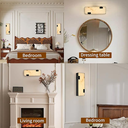 Modern Alabaster Marble Wall Sconces 14.17” Black Frame Dimmable 3000K Warm Glow Light Set of 2 for Bedroom Hallway Living Room