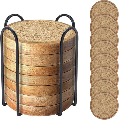 Wood Coasters for Drinks, Absorbent Coaster Sets of 8, Woven Drink Coasters for Coffee Table, Housewarming Gift for Farmhouse Home Decor,4.3 inches Brown