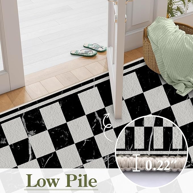 Grey Black Checkered Kitchen Hallway Carpet, 2.6x10ft, Abstract Black Marble Indoor Decor Washable Rugs, Durable Soft Cozy Non Slip Rug, Breathable Non Shedding Mats for Front Porch