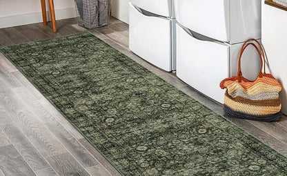 Morebes Washable Dark Green Runner Rug 2x8, Vintage Boho Runners for Hallways Non Slip, Soft Floral Indoor Floor Throw Carpet for Kitchen Laundry Room Bedroom Bathroom Living Entryway