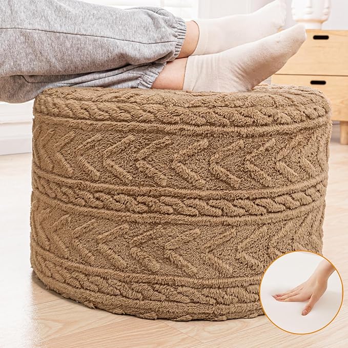Boucle Pouf Ottoman and Foot Rest 20 x 20 x 14 Inches Floor Pouf Boho Foot Stool Home Decor for Couch Sofa Bean Bag Chairs Light Coffee