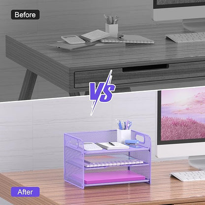 Samstar 3 Tier Purple Letter Tray Paper Organizer with Handle, Mesh Desk Organizer Paper Sorter File Rack Shelves, Purple