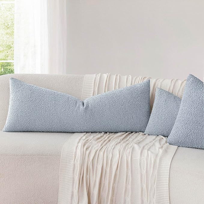 Foindtower Decorative Textured Boucle Throw Pillow Covers Accent Solid Pillow Cases Neutral Long Body Lumbar Couch Cushion Case for Chair Sofa Bedroom Living Room Home Decor 14x36 Inch,1PC,Light Blue
