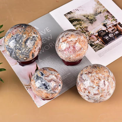 JIC Gem Large Striped Agate Crystal Sphere with Stand Gemstone Decorative Ball for Home Decor Altar Reiki Healing Gift 80-90mm