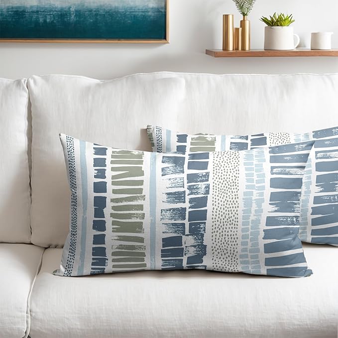 Blue Green Lumbar Pillow Covers 12x20 Set of 2 Boho Striped Dots Print Pattern Decorative Outdoor Zipper Pillowcases Rustic Decoration Farmhouse Linen Throw Cushion Cover Decor for Home Couch Sofa Bed