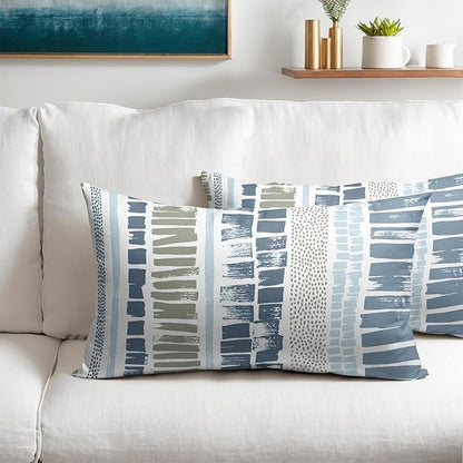 Blue Green Lumbar Pillow Covers 12x20 Set of 2 Boho Striped Dots Print Pattern Decorative Outdoor Zipper Pillowcases Rustic Decoration Farmhouse Linen Throw Cushion Cover Decor for Home Couch Sofa Bed