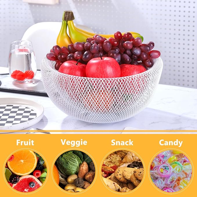 IBWell White Metal Mesh Double-layer Fruit Basket, Large Round Storage Baskets for Bread, Metal Wire Bread Fruit Bowl Vegetable Stand Holder for Snacks, Modern Fruit Bowl Decorate Kitchen Counter