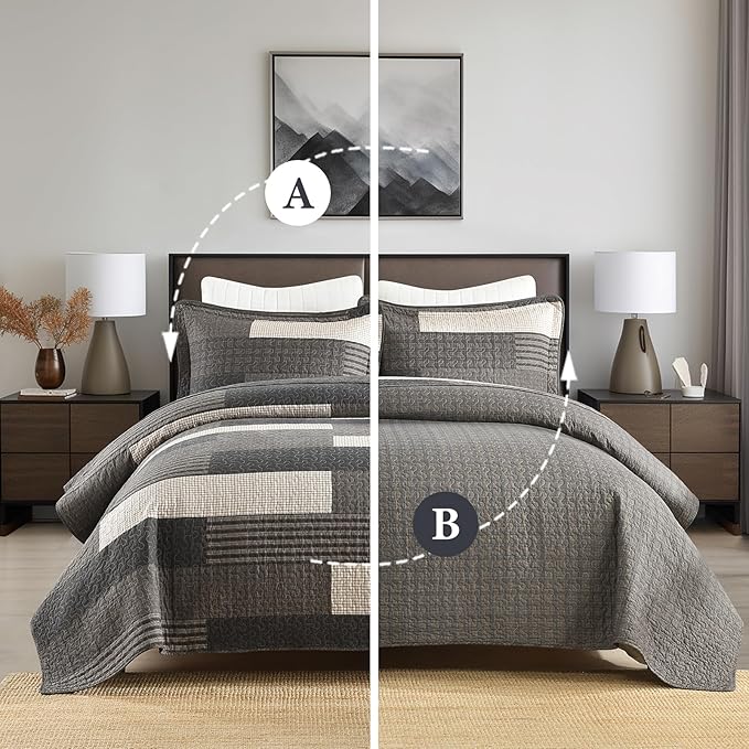 100% Cotton Quilt Set Queen Size - Plaid Quilted Comforter, Patchwork Striped Queen Quilt Bedspread, Modern Farmhouse Lightweight Bedding for Queen Bed, 3pcs, Charcoal/Gray/Taupe/Beige