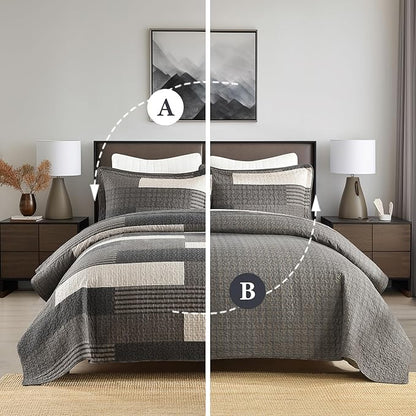 100% Cotton Quilt Set Queen Size - Plaid Quilted Comforter, Patchwork Striped Queen Quilt Bedspread, Modern Farmhouse Lightweight Bedding for Queen Bed, 3pcs, Charcoal/Gray/Taupe/Beige