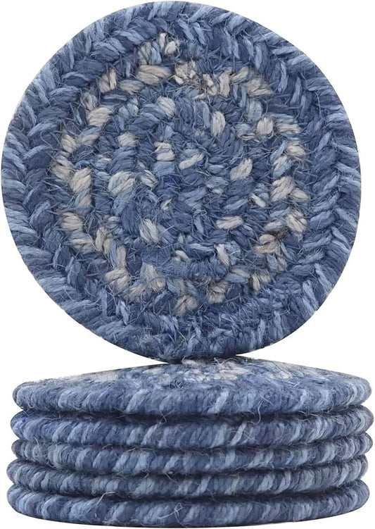 Homespice Denim Jute Woven Coasters 4", Country Coastal Decor, Set of 6, Blue - Durable, Absorbs Moisture, Easy to Clean and Protects Furniture