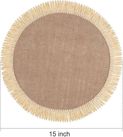 FunWheat 15 Inch Round Jute Placemats Set of 12, Braided Burlap Table Mats for Dining Table, Heat Resistant Farmhouse Woven Placemats for Fall Farmhouse Decor (Coarse-Edged Sunflower)