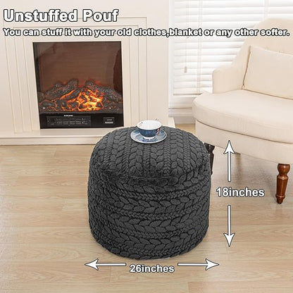 Unstuffed Ottoman Pouf Cover – Round Faux Fur Footstool Plush Floor Pouf (No Filler Included) Perfect for Living Room, Bedroom, or Office Lounge (Gray, 26x26x18 in)
