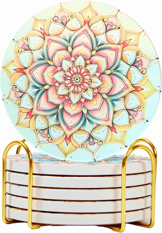 Mandala Ceramic Absorbent Coasters Set of 6 with Holder, Marble Drink Coasters for Coffee Table, Water Absorbing Coaster (Boho)