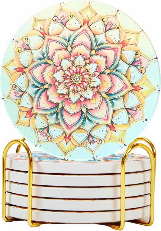 Mandala Ceramic Absorbent Coasters Set of 6 with Holder, Marble Drink Coasters for Coffee Table, Water Absorbing Coaster (Boho)
