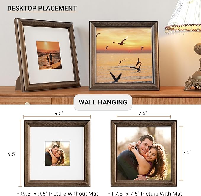 Heimlove 8x8 Picture Frame,8 x 8 Natural Solid Walnut Wood Square Frame with Tempered Glass,8"x8" Handcrafted Wood Frame Matted to 4x4 Photos for Wall or Tabletop Art Photo and Prints,1 Pack