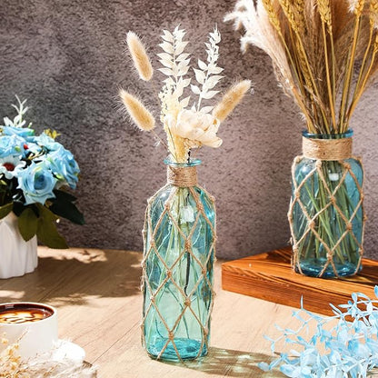 Chuangdi Set of 2 Coastal Glass Vases Christmas Vases for Flowers with Boho Rope Christmas Centerpieces for Tables Small Beach Bottle for Nautical Wedding Floral Arrangement Decorations(Light Blue)