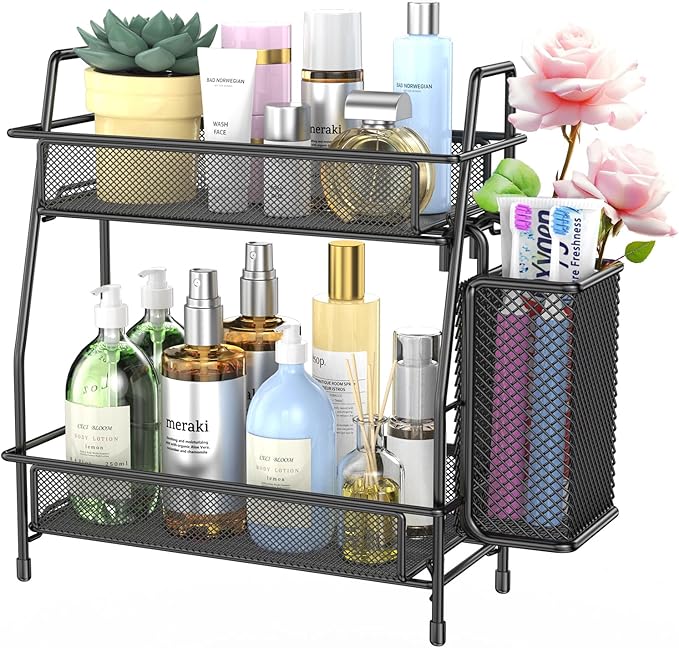 2-Tier Bathroom Counter Organizer, Bathroom Organizer Countertop with Side Basket, Kitchen Countertop Organizer, Metal Spice Rack Organizer, BLACK..