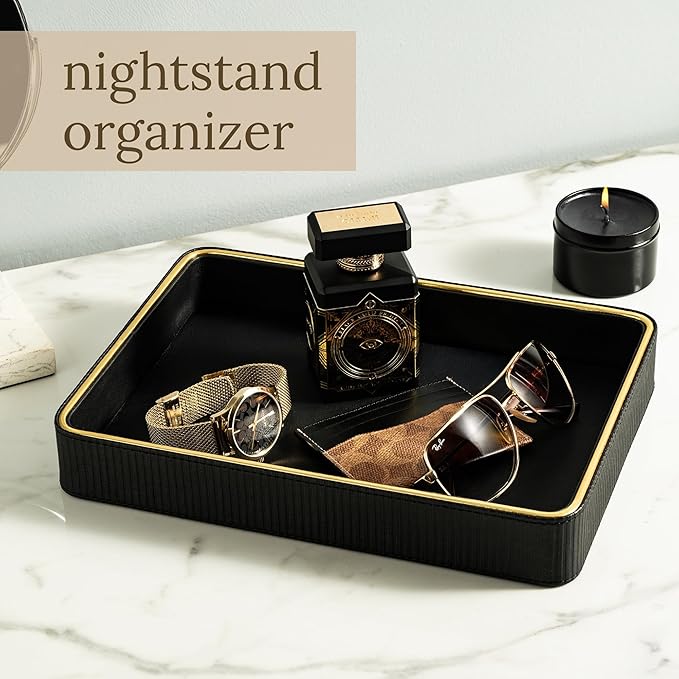 Black Leather Catchall Valet Tray for Men| Mens Valet Catch All Trays| Bedside Organizer for Nightstand| Cologne Tray for Men| Desk Trays