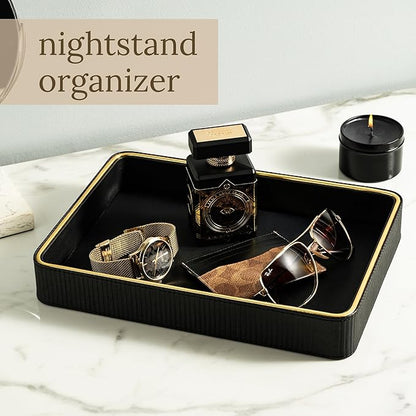 Black Leather Catchall Valet Tray for Men| Mens Valet Catch All Trays| Bedside Organizer for Nightstand| Cologne Tray for Men| Desk Trays