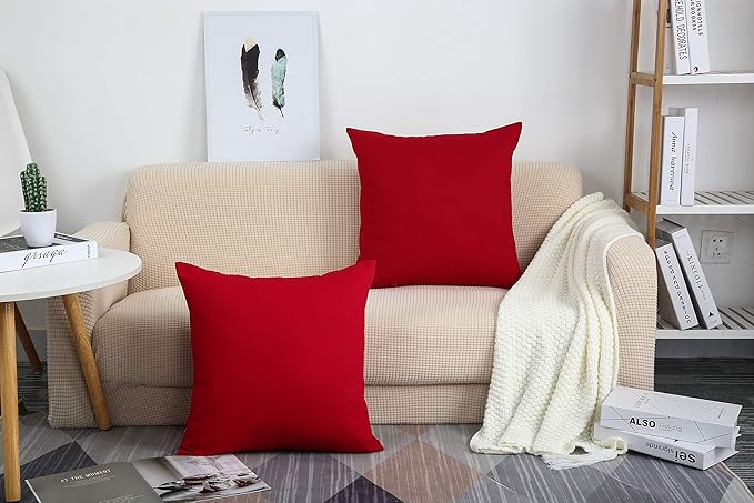 TangDepot Handmade Decorative Solid 100% Cotton Canvas Throw Pillow Covers/Pillow Shams, (24"x24", Christmas Red)