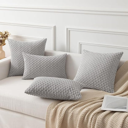 Kevin Textile Decorative Throw Pillow Covers Corduroy Square Boho Cushion Cover with Stripes Cases for Bedroom Sofa Living Room Couch Set of 2 18x18 Inch Light Grey