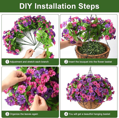 Homsunny Artificial Fake Hanging Flowers with Basket for Outdoors, Faux Silk Petunias Flower Spring Summer Decor UV Resistant Look Real for Home Outside Patio Front Porch Decorations